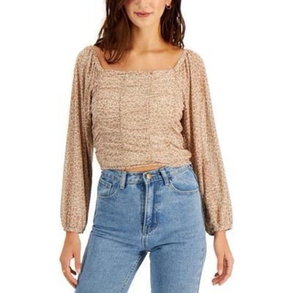 Crave Fame Juniors' Printed Ruched Peasant Blouse - Animal Size L - Picture 1 of 3